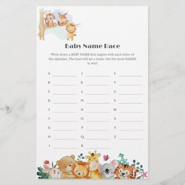 Funny woodland animals Baby Shower Name Race Game  (Front)