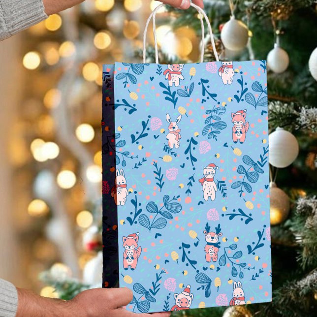 Funny Woodland Friends  Blue Winter Forest Pattern Medium Gift Bag (Creator Uploaded)