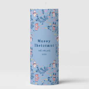 Funny Woodland Friends Blue Winter Forest Pattern Pillar Candle
