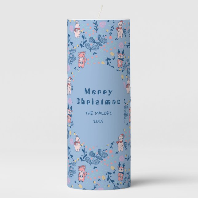 Funny Woodland Friends  Blue Winter Forest Pattern Pillar Candle (Front)