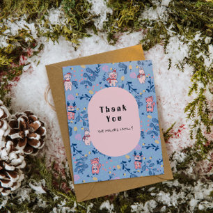 Funny Woodland Friends Blue Winter Forest Pattern Thank You Card