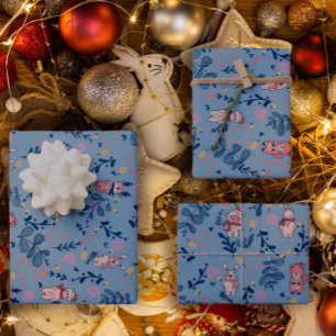 Funny Woodland Friends Blue Winter Forest Pattern Wrapping Paper Sheets