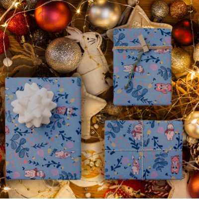 Funny Woodland Friends  Blue Winter Forest Pattern Wrapping Paper Sheets