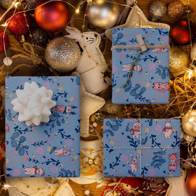 Funny Woodland Friends  Blue Winter Forest Pattern Wrapping Paper Sheets (Creator Uploaded)