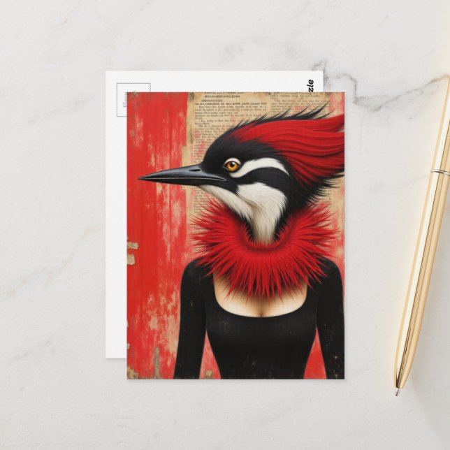 Funny Woodpecker in a black dress mixed media art Postcard (Front/Back In Situ)