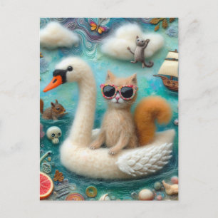Funny Woolie Swan Float With a Cat Postcard