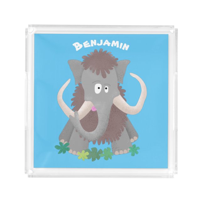 Funny woolly mammoth cartoon illustration acrylic tray (Front)