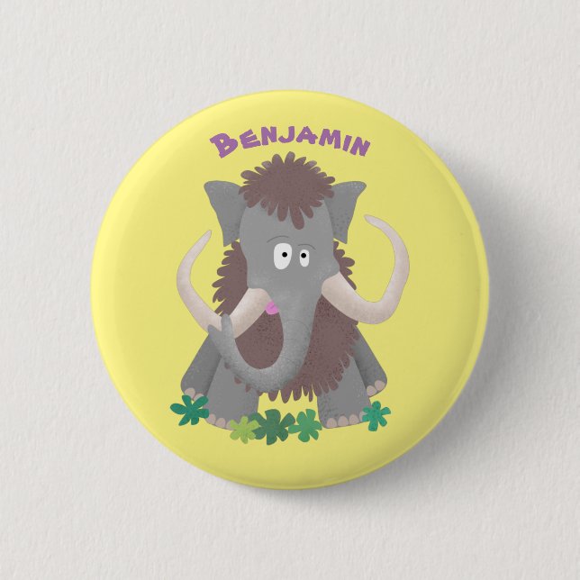 Funny woolly mammoth cartoon illustration button (Front)
