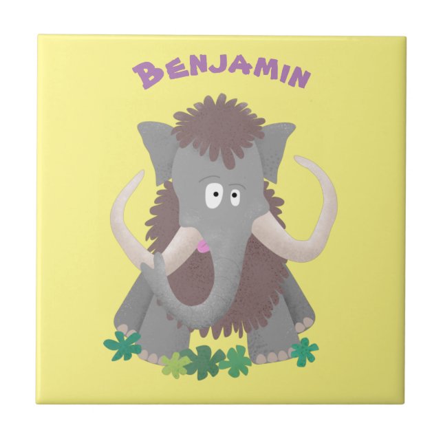 Funny woolly mammoth cartoon illustration ceramic tile (Front)