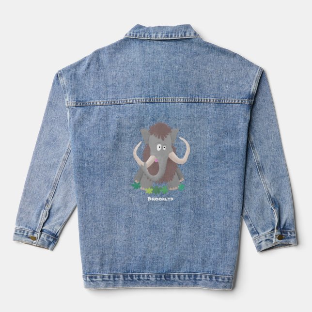 Funny woolly mammoth cartoon illustration denim jacket (Back)
