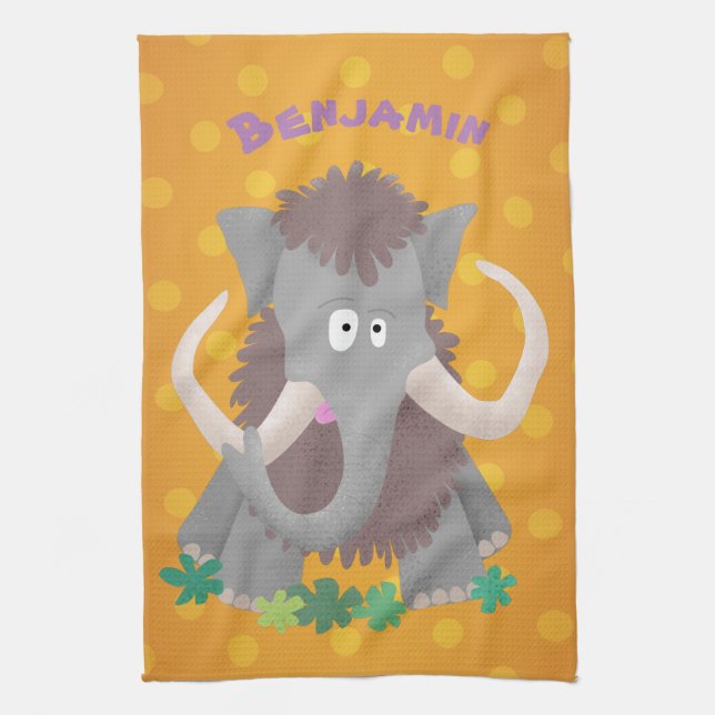 Funny woolly mammoth cartoon illustration kitchen towel (Vertical)