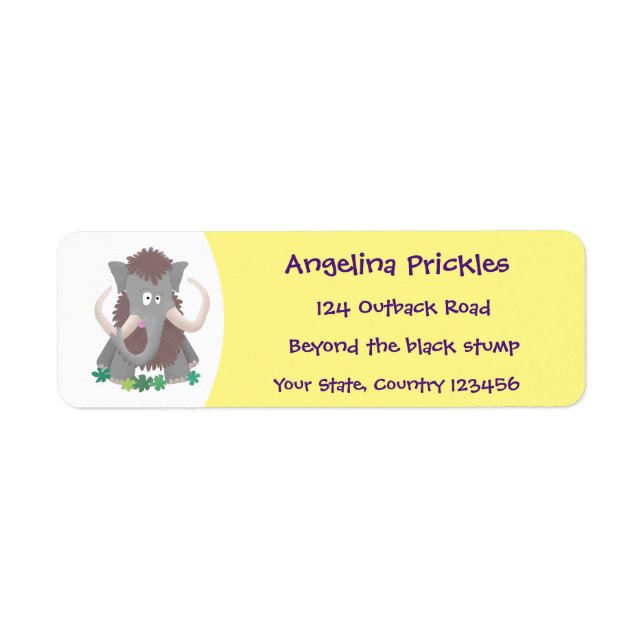 Funny woolly mammoth cartoon illustration label (Front)
