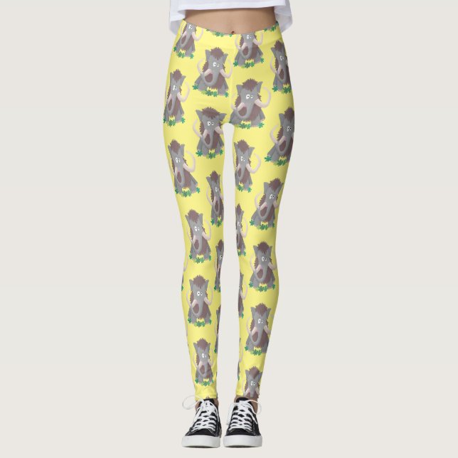 Funny woolly mammoth cartoon illustration leggings (Front)