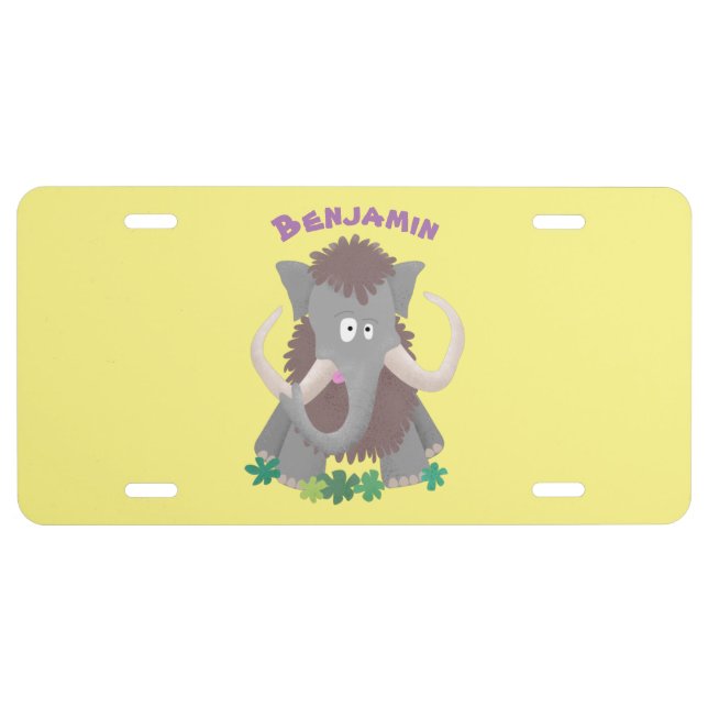 Funny woolly mammoth cartoon illustration  license plate (Front)