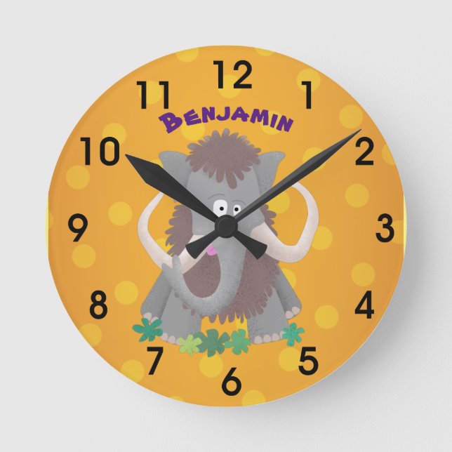 Funny woolly mammoth cartoon illustration round clock (Front)