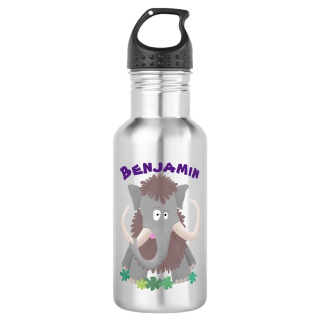 Funny woolly mammoth cartoon illustration stainless steel water bottle (Front)