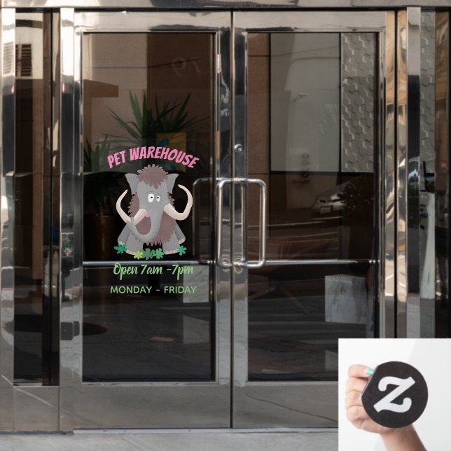 Funny woolly mammoth cartoon illustration window cling (Office Door)