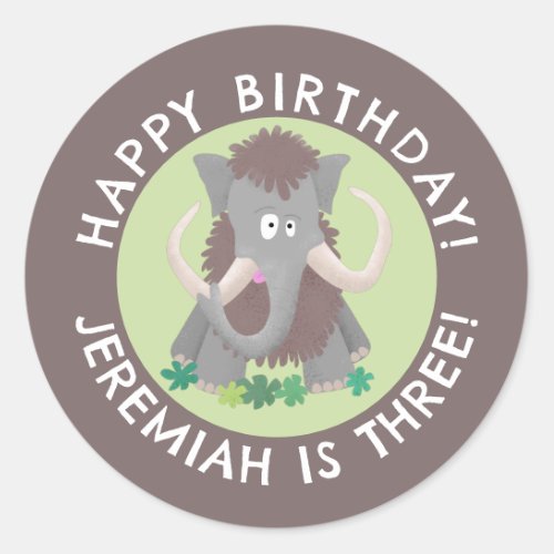 Funny woolly mammoth cartoon personalized birthday classic round sticker