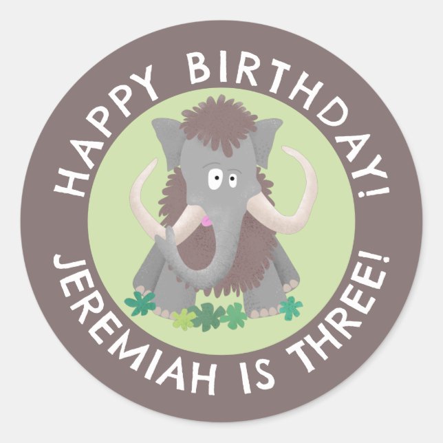 Funny woolly mammoth cartoon personalized birthday classic round sticker (Front)