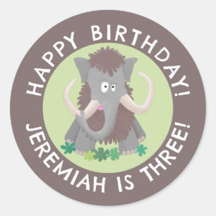 Funny woolly mammoth cartoon personalized birthday classic round sticker