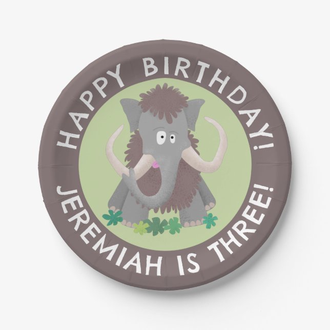 Funny woolly mammoth cartoon personalized birthday paper plates (Front)