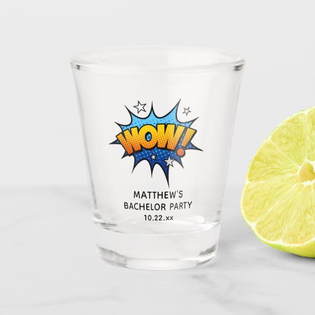 Funny Wow Bachelor Party Wedding Favor Shot Glass (Front)