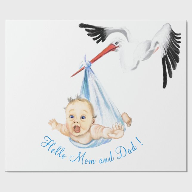 Funny Wrapping Paper Stork with Baby - Custom Text (Flat)