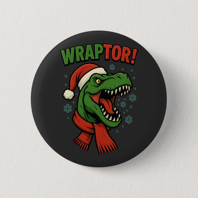 Funny Wraptor T-Rex Dinosaur Christmas Pun Button (Front)