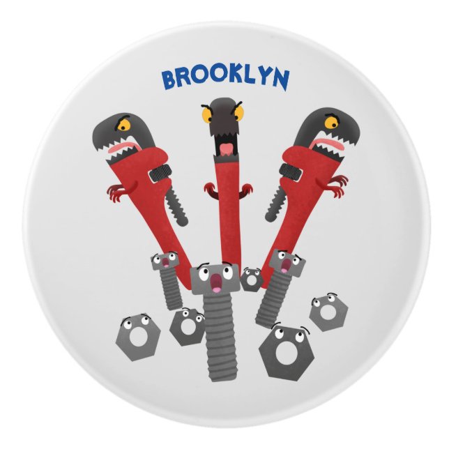 Funny wrench monster tools humour cartoon  ceramic knob (Front)