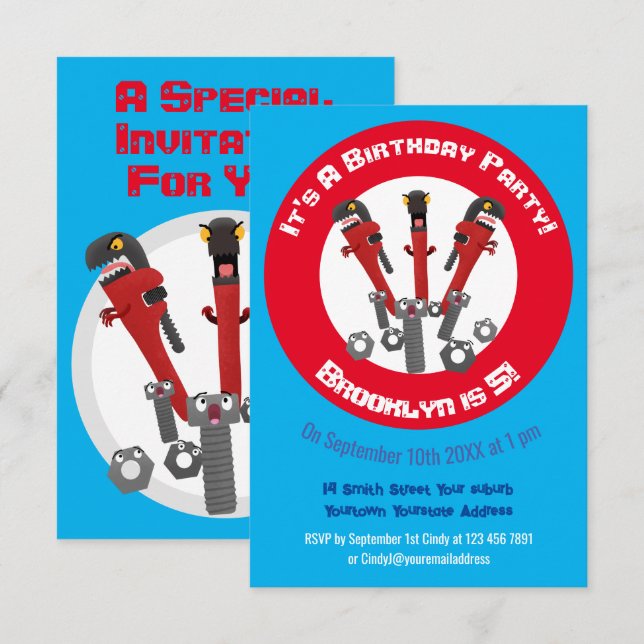 Funny wrench monster tools humour cartoon invitation (Front/Back)