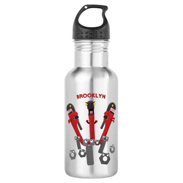 Funny wrench monster tools humour cartoon stainless steel water bottle (Front)