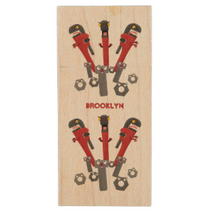 Funny wrench monster tools humour cartoon  wood flash drive