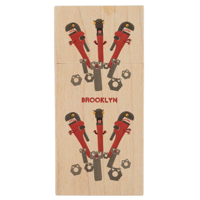 Funny wrench monster tools humour cartoon  wood flash drive (Front Vertical)