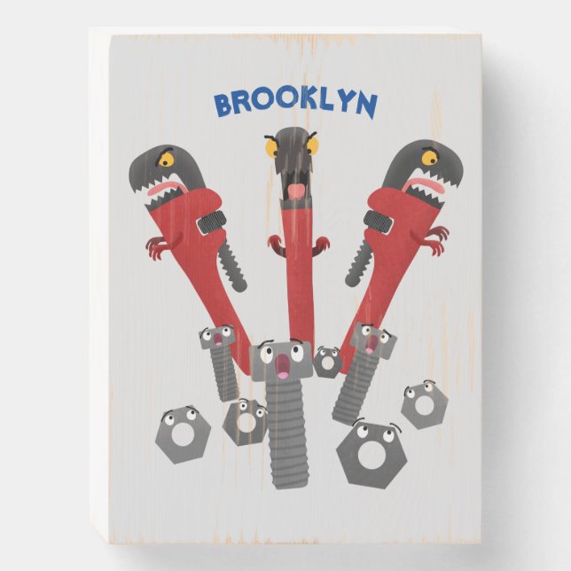 Funny wrench monster tools humour cartoon wooden box sign (Front Vertical)