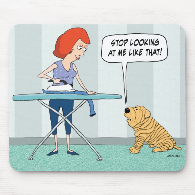 Funny Wrinkly Shar-Pei Dog Suspicious of Iron Mouse Pad (Front)