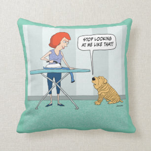 Funny Wrinkly Shar-Pei Dog Suspicious of Iron Throw Pillow