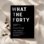 Funny WTF Adult 40th Birthday Party Invitation<br><div class="desc">Brighten up your milestone celebration with our unique 40th birthday party invitations! These invitees offer a witty 'what the forty' phrase, set against a sleek black backdrop. With a contemporary text template that can easily be tailored to your preference, you can surely relay the details of your festivity in style!...</div>