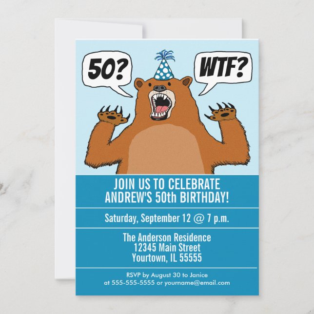 Funny WTF Bear Age-Specific Birthday Invitation (Front)