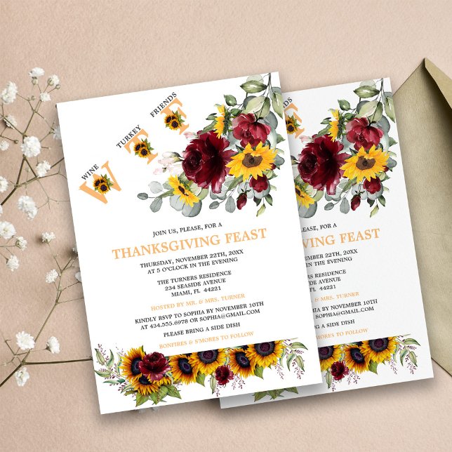 Funny WTF Sunflowers Burgundy Thanksgiving Feast  Invitation (Creator Uploaded)