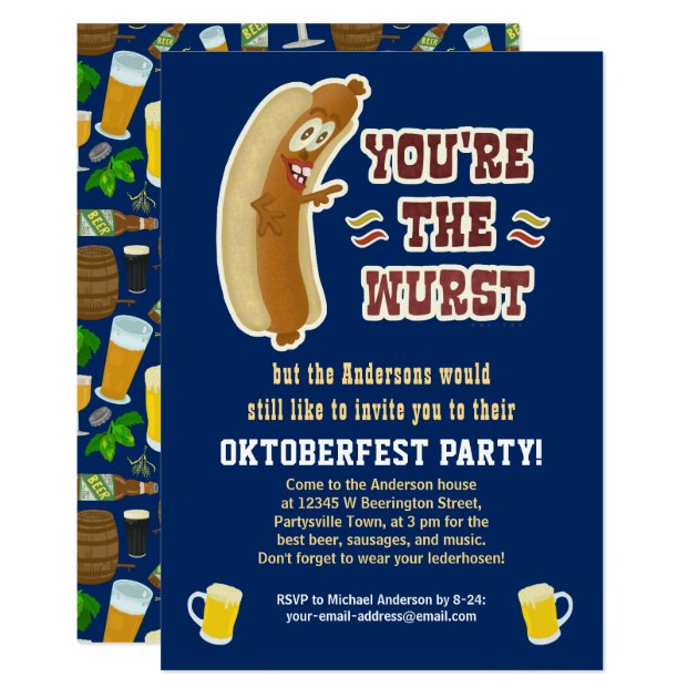 Funny Wurst Bratwurst Oktoberfest Humor With Beer Invitation