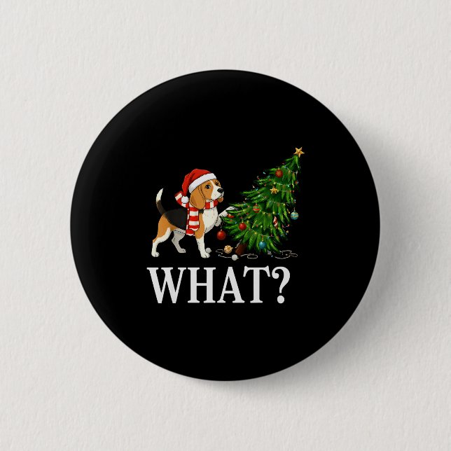 Funny Xmas Beagle Pushing Christmas Tree Over Dog  Button (Front)