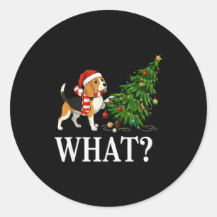 Funny Xmas Beagle Pushing Christmas Tree Over Dog Classic Round Sticker
