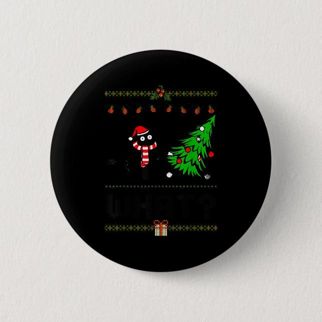 Funny Xmas Black Cat Pushing Christmas Tree Over C Button (Front)