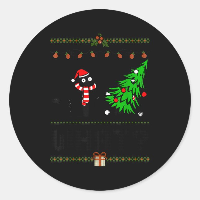 Funny Xmas Black Cat Pushing Christmas Tree Over C Classic Round Sticker (Front)