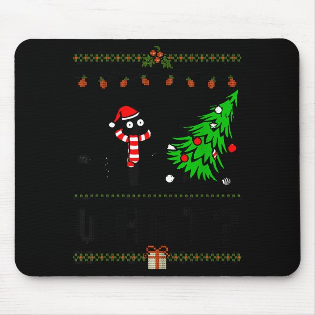Funny Xmas Black Cat Pushing Christmas Tree Over C Mouse Pad (Front)