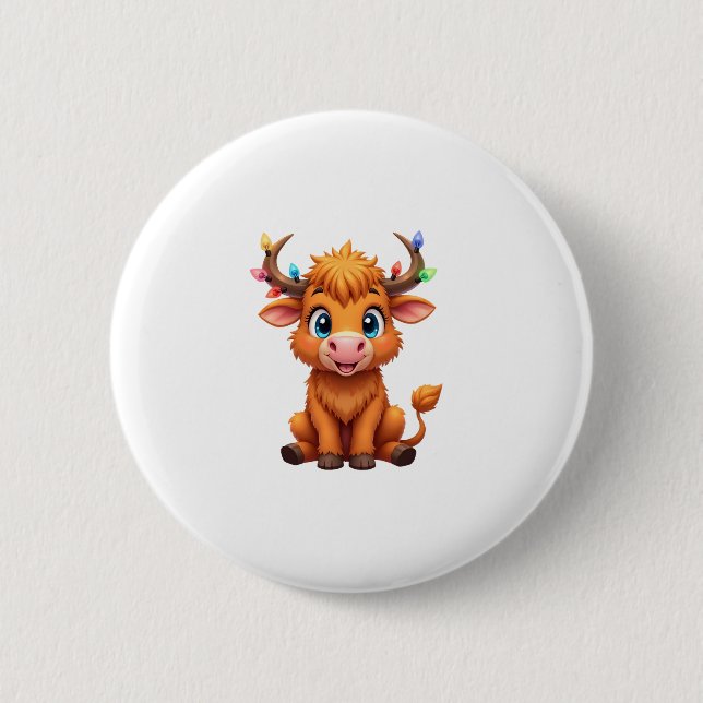 Funny Xmas Cow Lights Boys Girls Cute Highland Cow Button (Front)