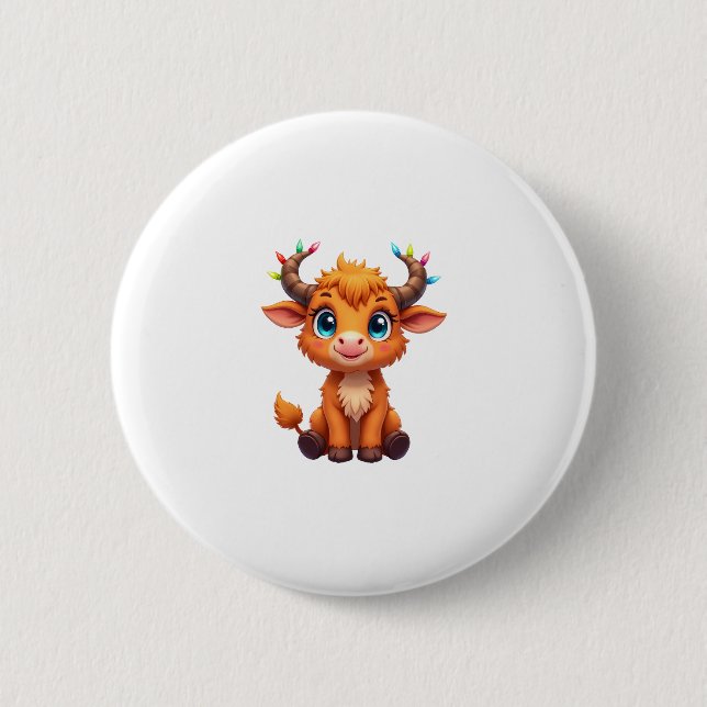 Funny Xmas Cow Lights Boys Girls Cute Highland Cow Button (Front)