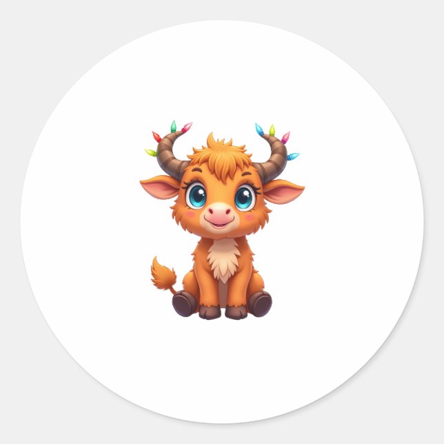 Funny Xmas Cow Lights Boys Girls Cute Highland Cow Classic Round Sticker (Front)