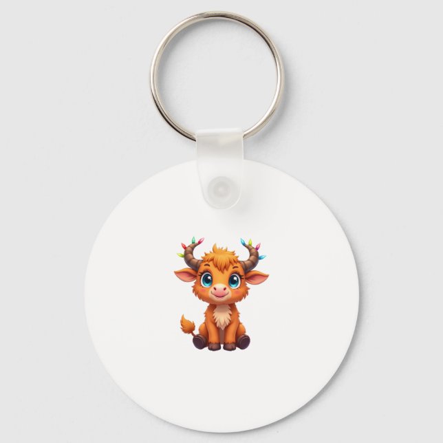 Funny Xmas Cow Lights Boys Girls Cute Highland Cow Keychain (Front)