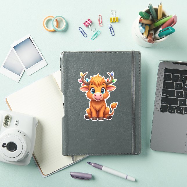 Funny Xmas Cow Lights Boys Girls Cute Highland Cow Sticker (iPad Cover)